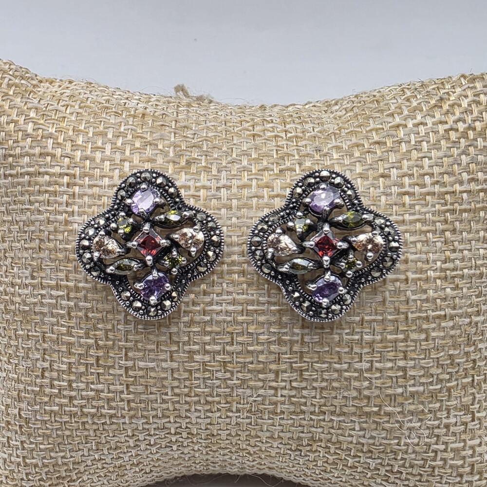 Vintage Sterling Silver Marcasite & Multicolor Gemstones Post Earrings
